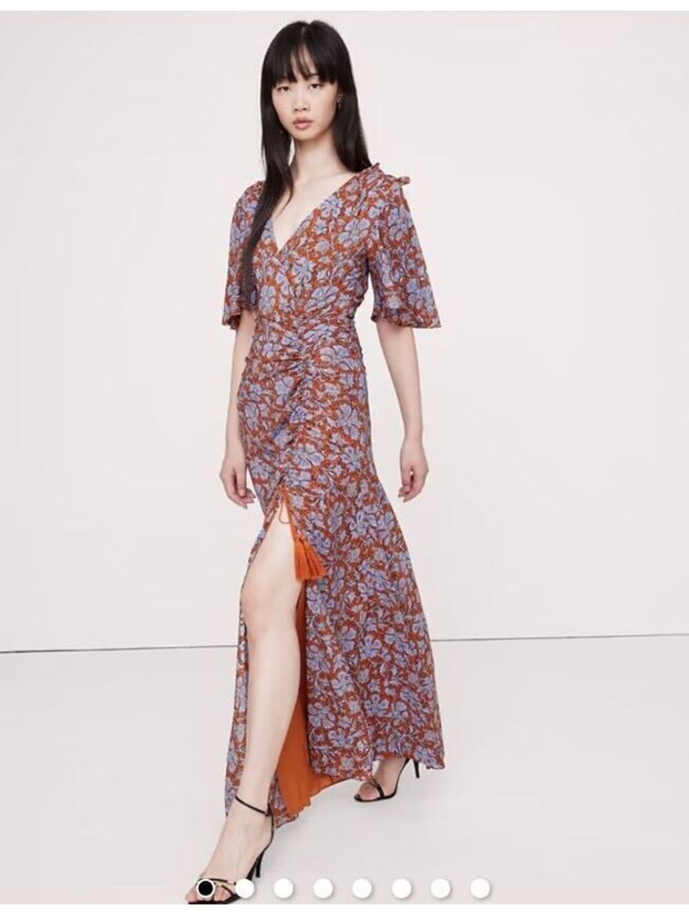 Banana Republic Stretch-Crepe Flutter-Sleeve Maxi Dress Lilac Floral Paisley